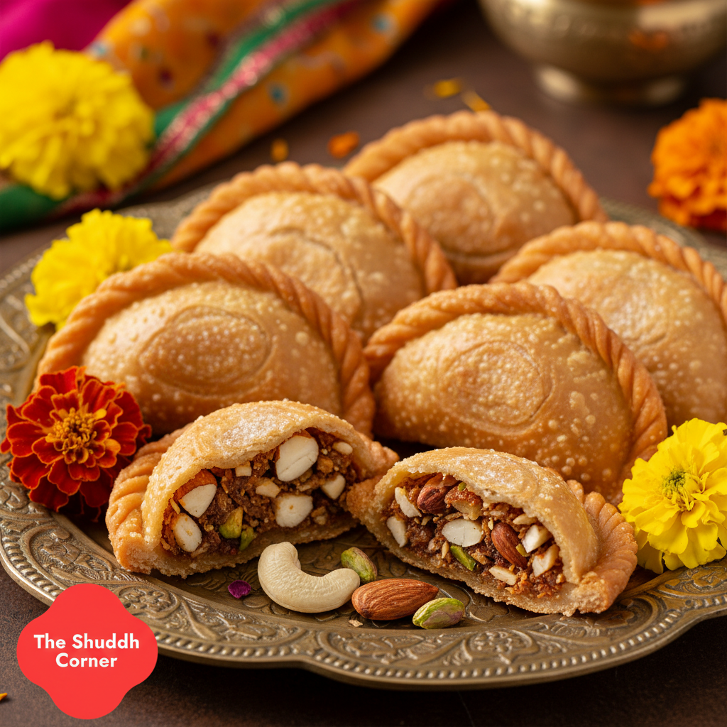 Gujiya on Brass Plate with Marigolds